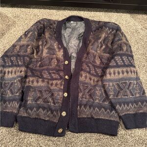 Men's Navy Patterned Cardigan Sweater